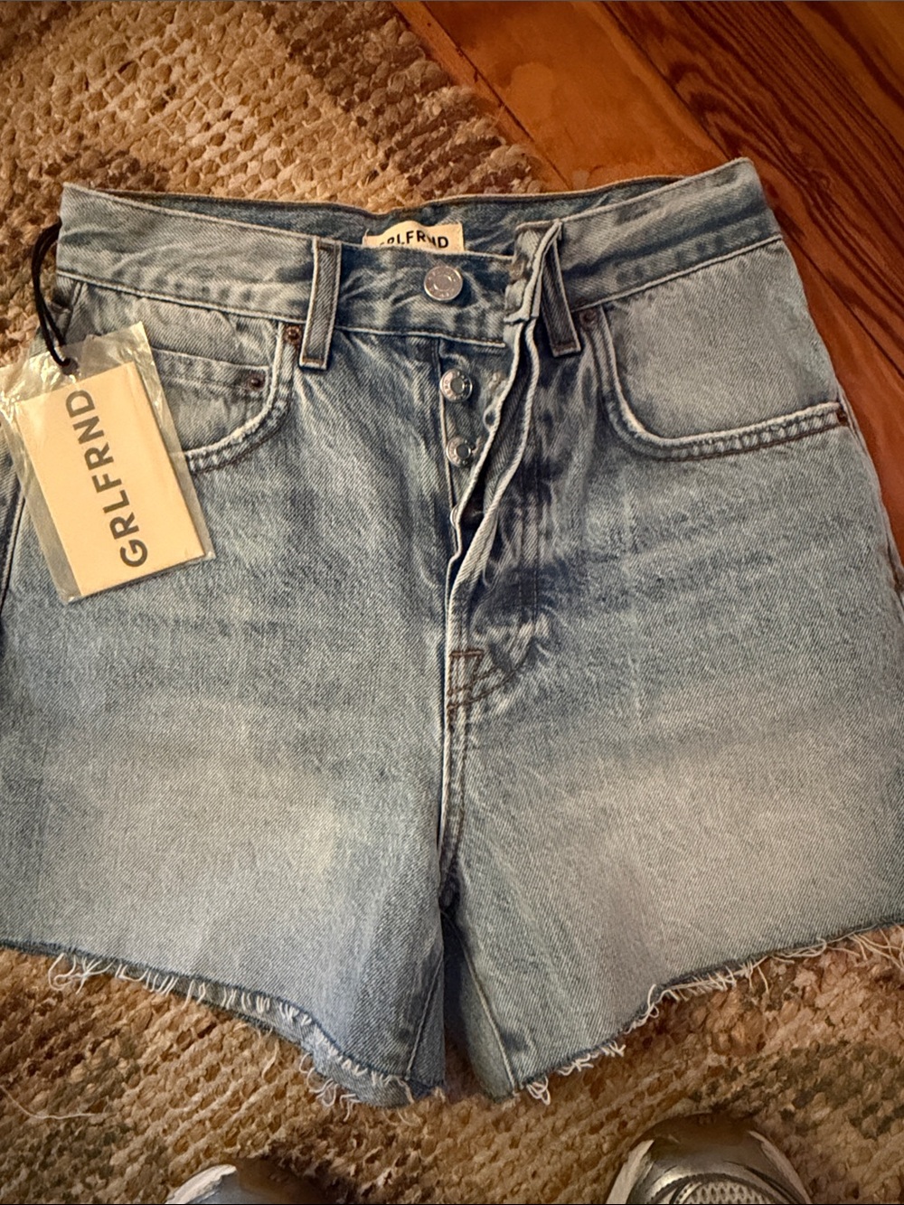 GRLFRND Light Wash High-Rise Button-Fly Denim Shorts